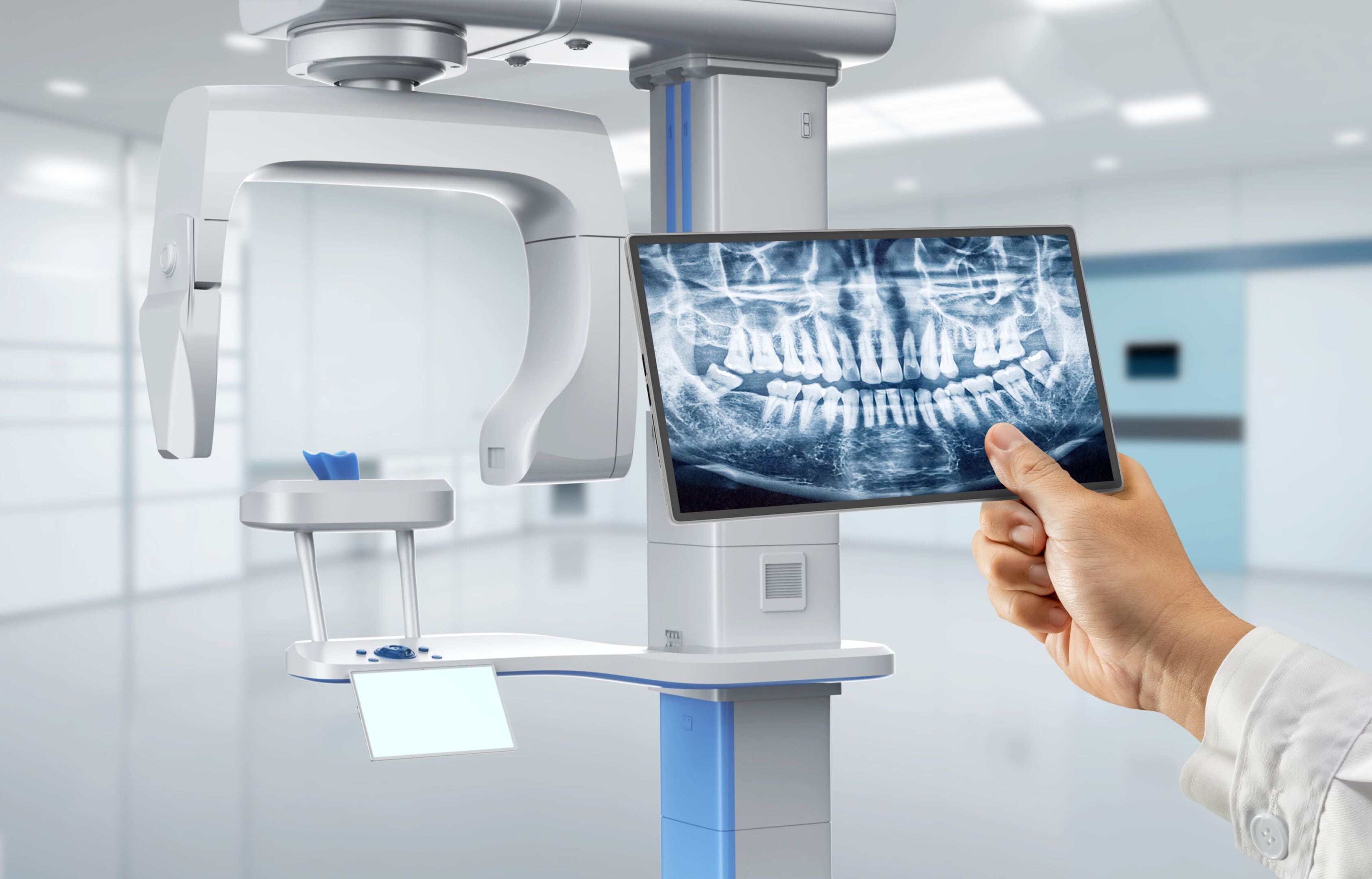 3d rendering hospital room with dentist analyze digital x-ray film from scanner machine